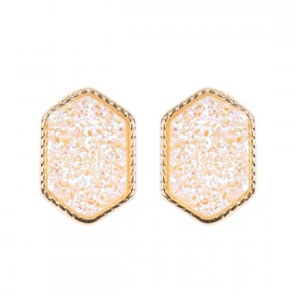 2/$15 - Gold Iridescent White Druzy Hexagon Post Earring - Picture 1 of 5